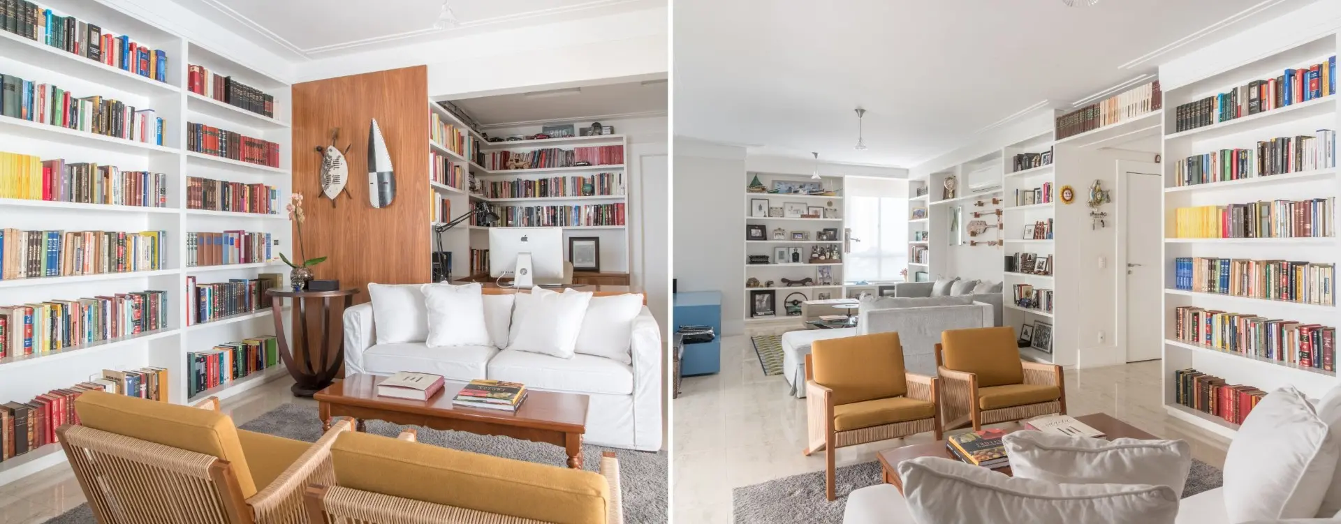 Imagem de uma sala de estar aconchegante e moderna, decorada com estantes cheias de livros, sofá confortável e poltronas, ideal para leitura e relaxamento.