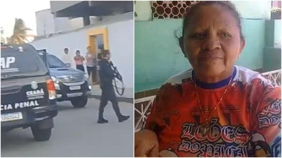 Montagem com duas imagens. À esquerda, agentes armados da Polícia Penal do Ceará participam de uma operação em uma rua residencial, com viaturas pretas estacionadas e moradores observando à distância. À direita, uma mulher mais velha, de pele morena e cabelos presos, aparece sentada em um ambiente simples e colorido, vestindo uma camisa vermelha com estampas e colares dourados, olhando para a câmera.