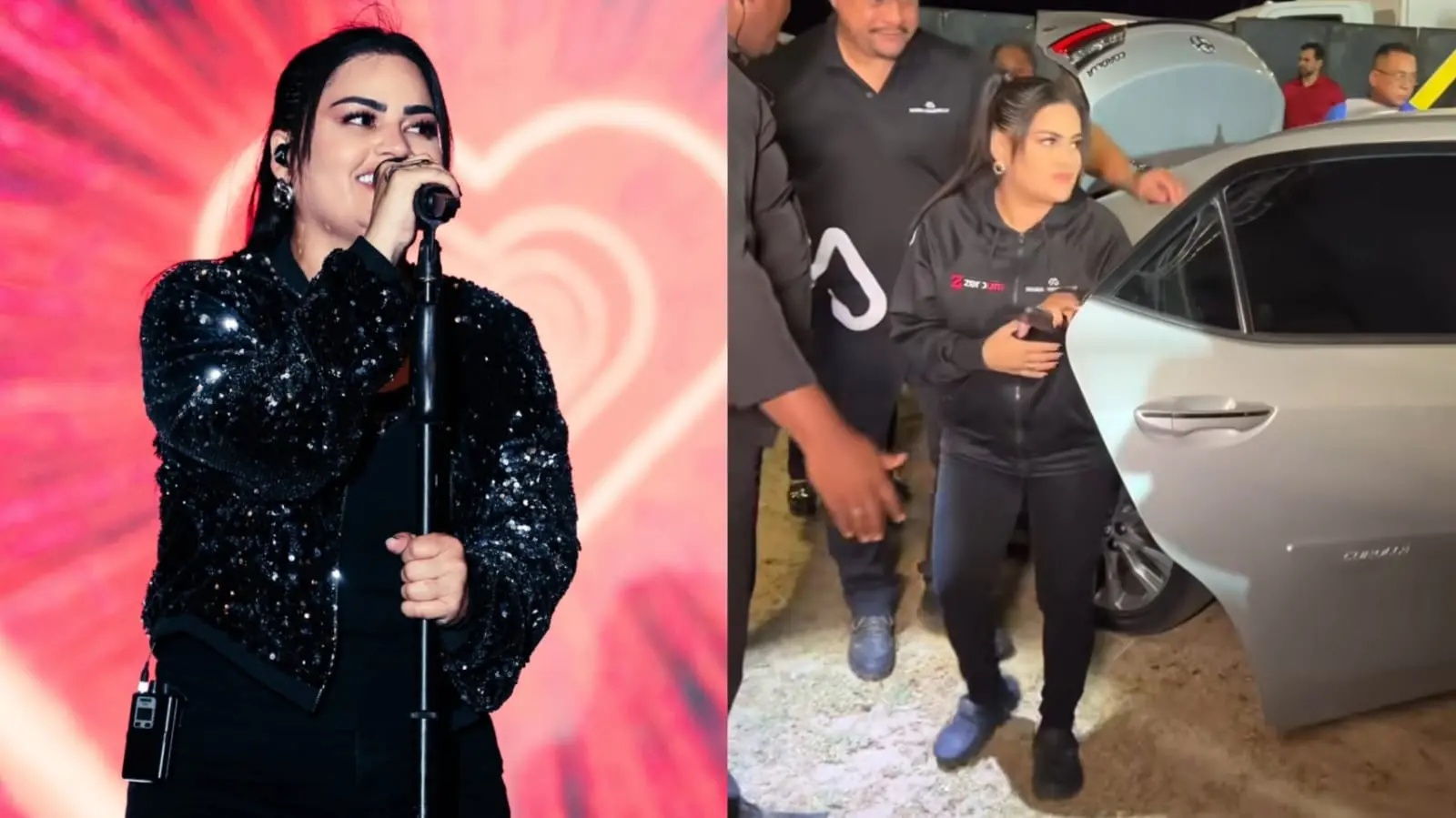 Mara Pavanelly no palco de São José de Ribamar. Uma segunda foto traz ele chegando ao local do evento mancando.