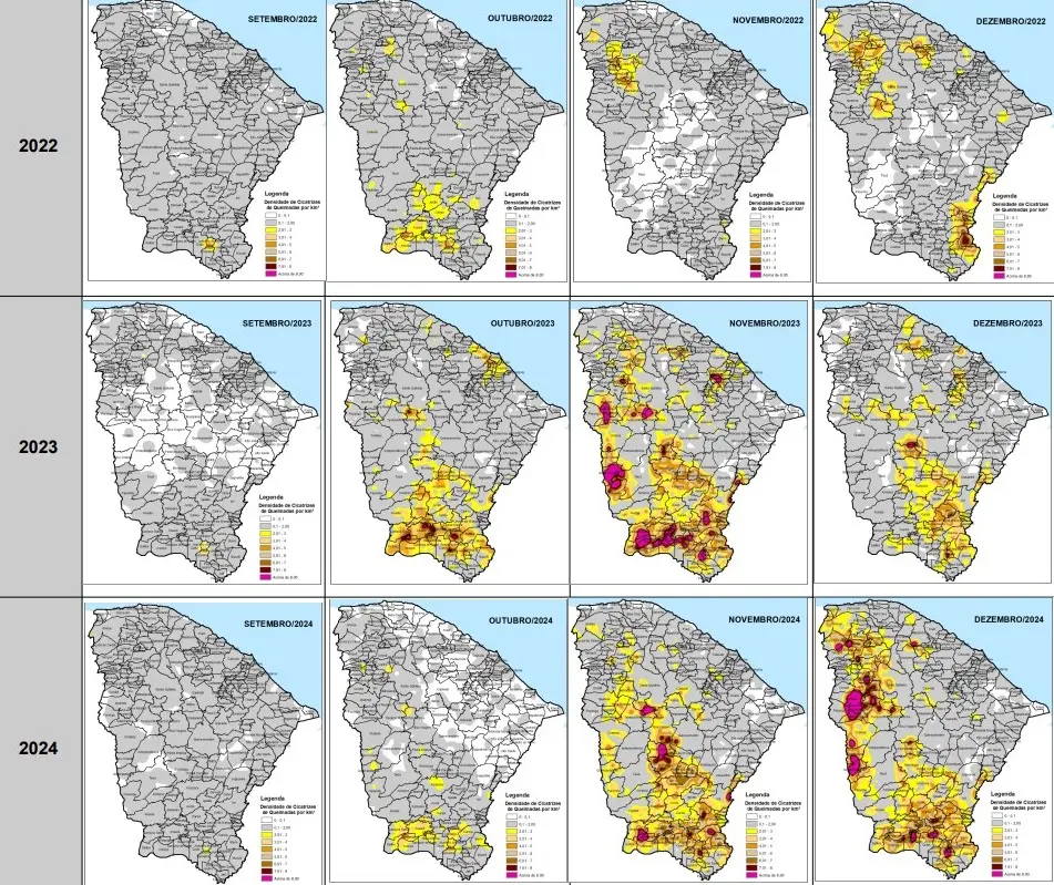Ilustração apresenta uma sequência de mapas do Ceará, organizados por meses e anos (setembro a dezembro de 2022, 2023 e 2024). As cores variam do cinza ao vermelho, indicando diferentes níveis de queimadas. Observa-se aumento das áreas em tons de amarelo, laranja e roxo, que representam seca moderada a extrema, especialmente nas regiões Cariri e Centro-Sul do estado.