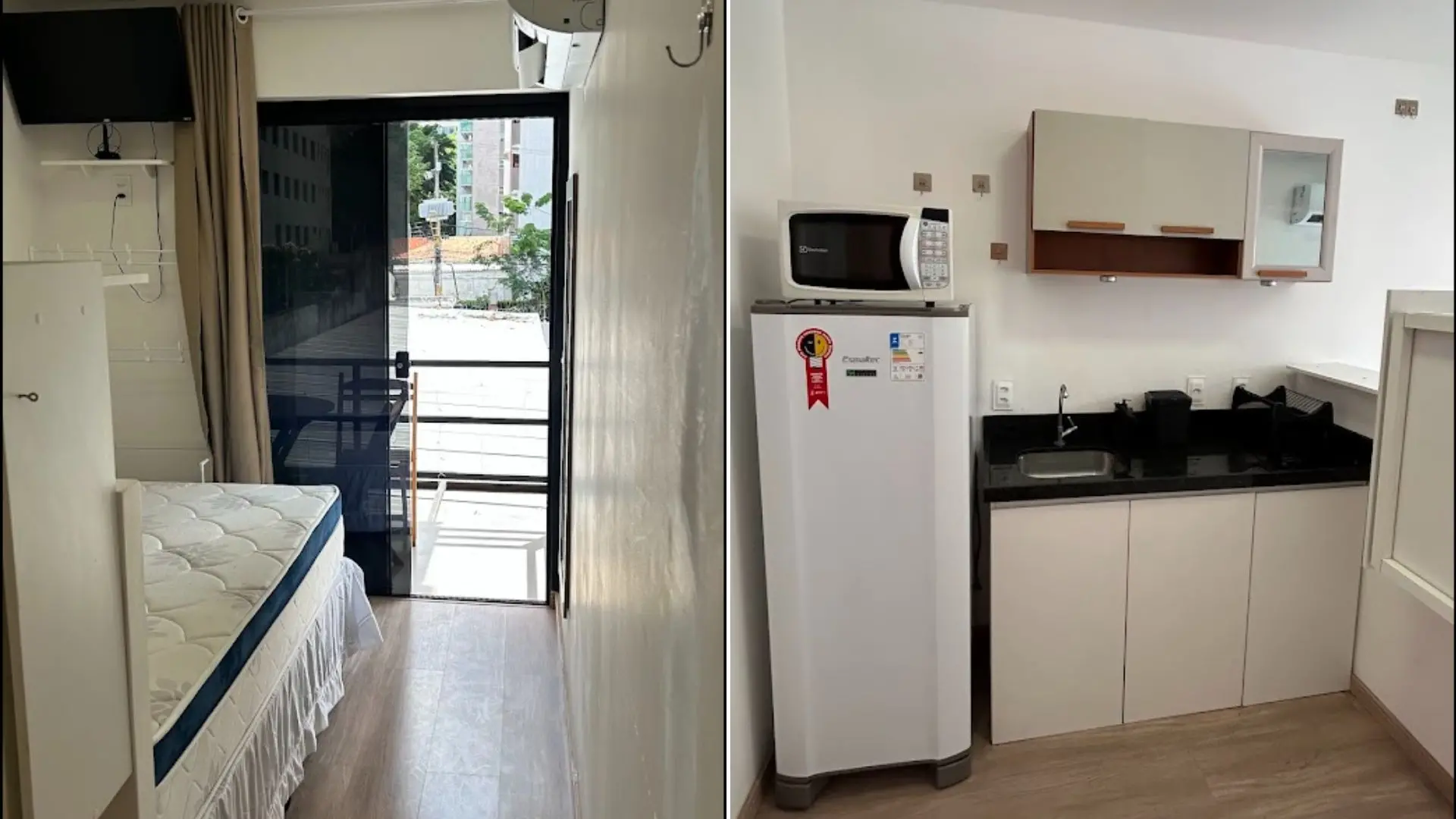 Montagem de duas fotos de kitnet mobiliada montada em contêiner no bairro Meireles, em Fortaleza.