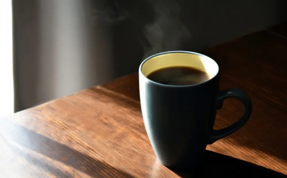 Caneca de café quente com fumaça saindo sobre mesa de madeira.