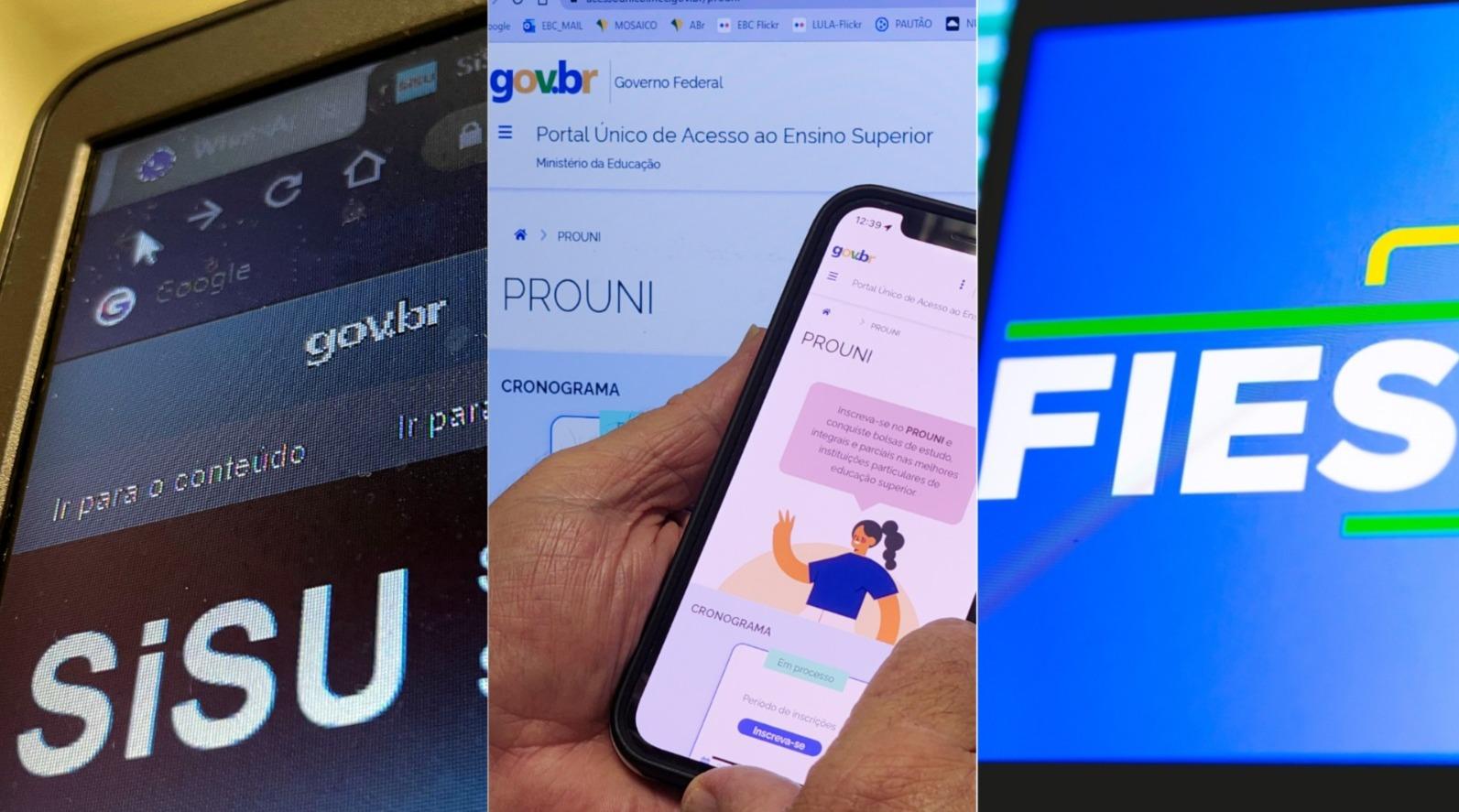Montagem de fotos mostra as páginas principais dos sites dos programas federais Sisu, Prouni e Fies.