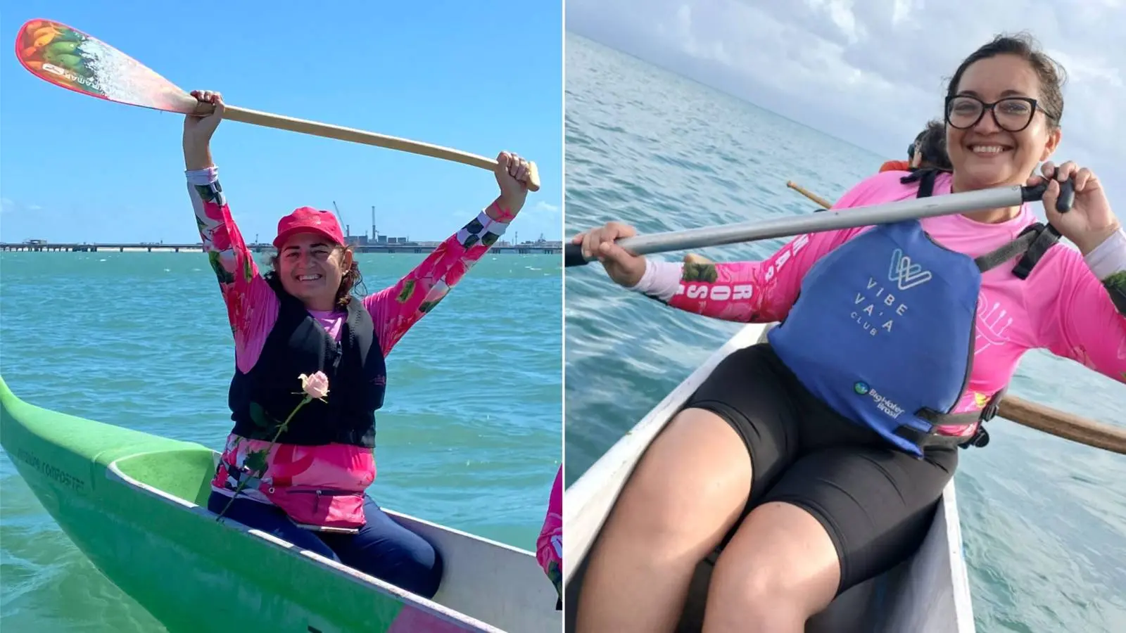 Imagem mostra Rilka Barbosa, à esquerda, e Ana Paula Freire, à direita, amigas com câncer de mama que se redescobriram na canoagem no mar de Fortaleza após diagnóstico da doença.