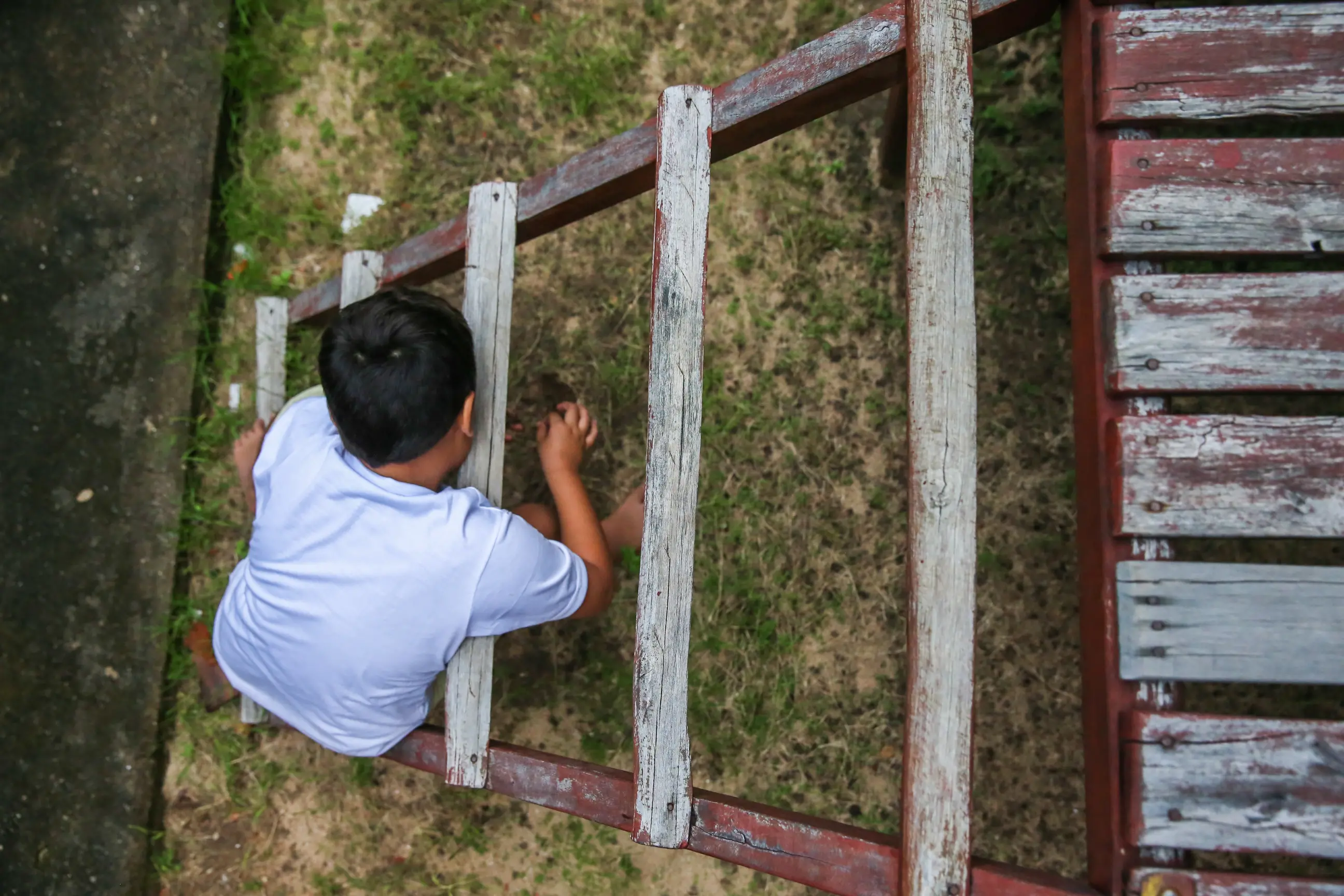 Menino com camiseta branca, visto de cima, subindo ou brincando em uma escada de madeira gasta. O chão abaixo é coberto de grama.