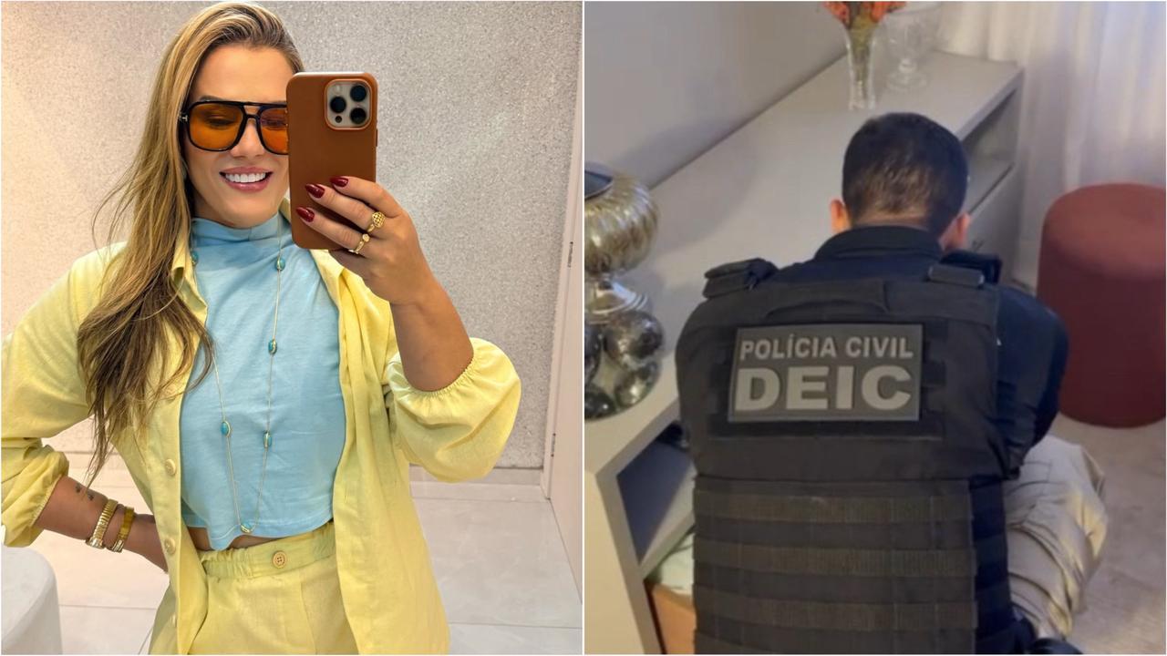 Imagem de uma mulher sorridente usando óculos escuros, blusa azul e roupa amarela, tirando selfie com celular, ao lado de um policial da DEIC no interior de uma casa.