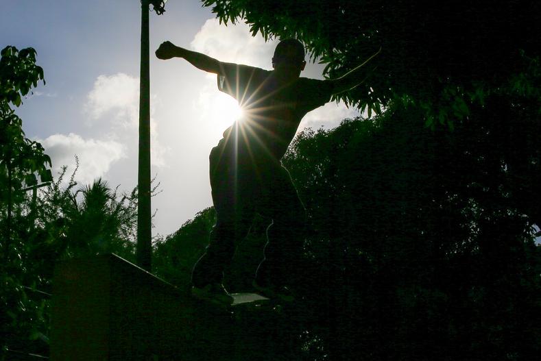 Silhueta de homem jovem fazendo manobra de skate no ar, com os braços abertos. A luz do sol aparece por baixo do braço dele. Ao fundo, há árvores e um céu com nuvens.