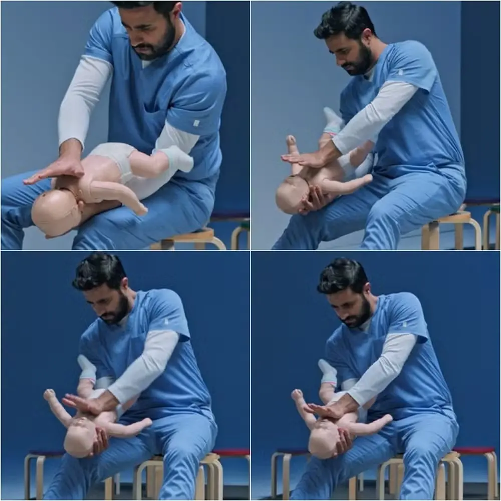 Reconstituição de um bebê engasgado e de alguém administrando alívio da asfixia.