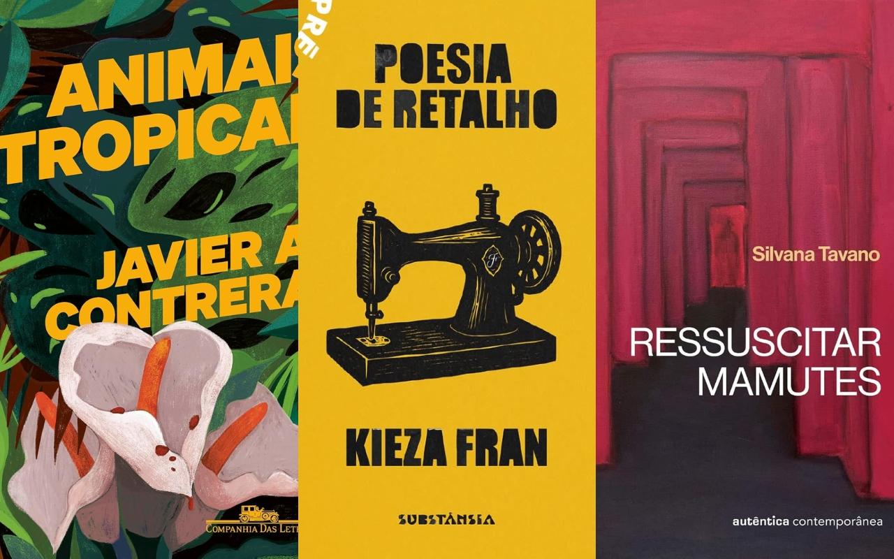 Capa dos livros: animais tropicais, poesia de retalho e ressuscitar mamutes, para matéria sobre Dia Nacional do Livro.