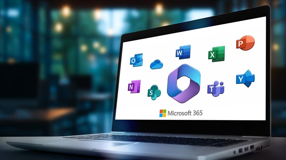 Tela de notebook mostra aplicativos do Microsoft 365.