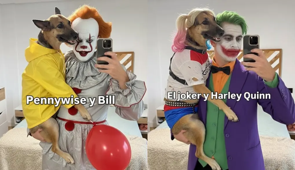 montagem com fotos de influencer com cachorro e fantasia de halloween. A fantasia mais elogiada foi inspirada no filme A Noiva de Chucky
