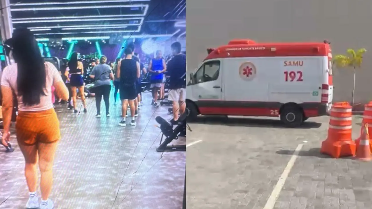 montagem com duas fotos. uma mostra a academia. no fundo da imagem, está um homem no chão. ao redor dele, outros alunos observam. na imagem ao lado, há uma ambulância do samu em frente à academia.