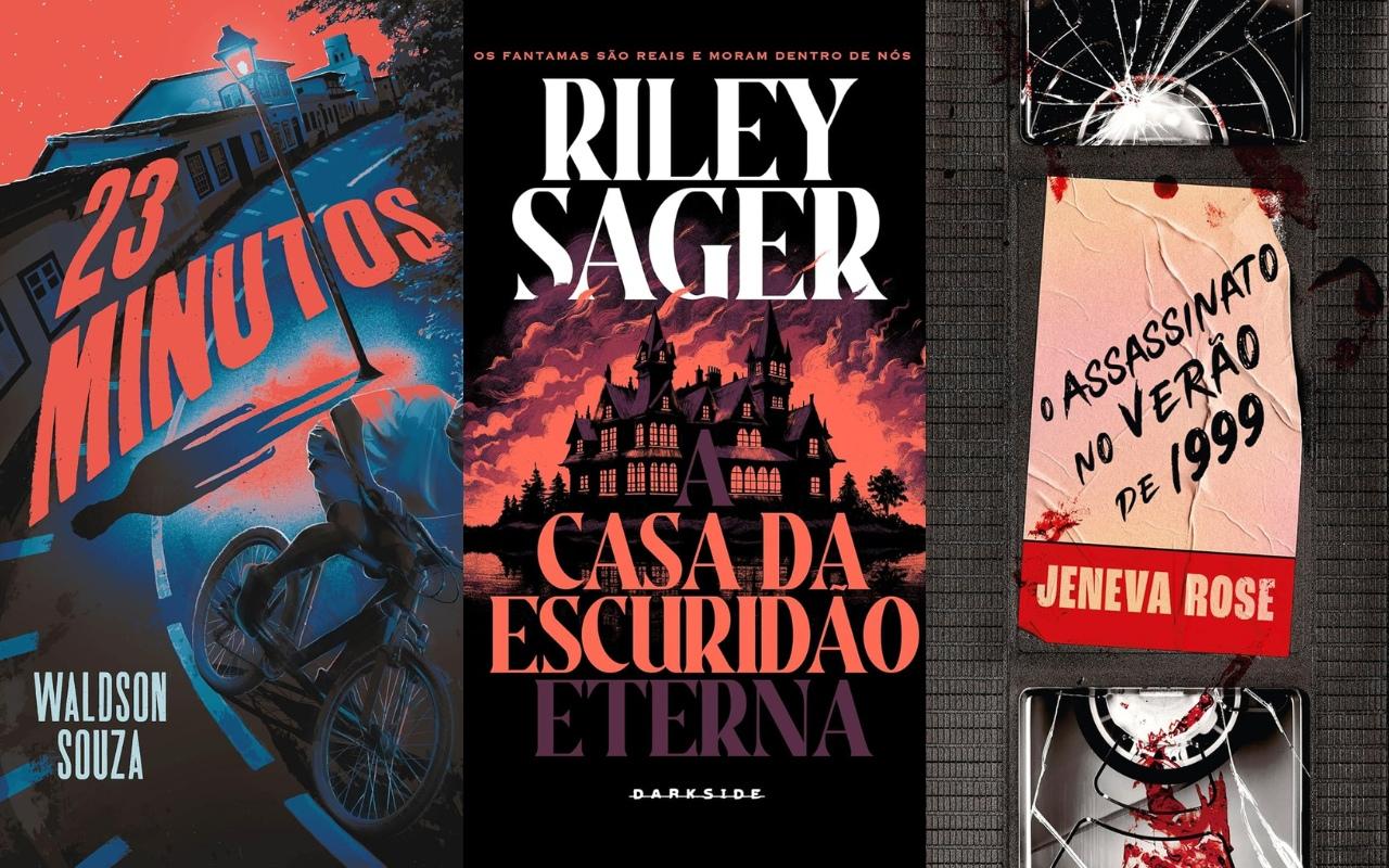 Imagem de capa dos livros: 23 minutos, Casa da Escuridão Eterna, e O Assassinato no verão de 1999, para matéria de livros para ler no Dia das Bruxas.