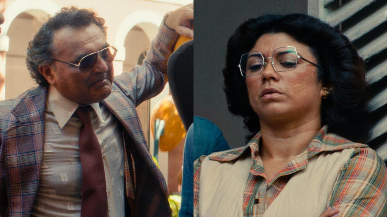 Montagem de fotos de divulgação do filme 'O Agente Secreto'. À esquerda, o ator Robério Diógenes, de terno xadrez e óculos de sol, em pose de ação. À direita, a atriz Geane Albuquerque, com penteado volumoso, óculos e colete, com expressão séria.