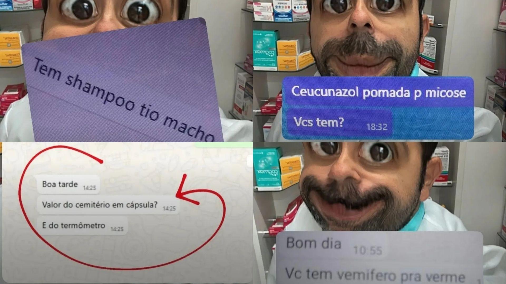 Capturas de tela de conversas engraçadas do balconista de farmácia Diego Capela com clientes.