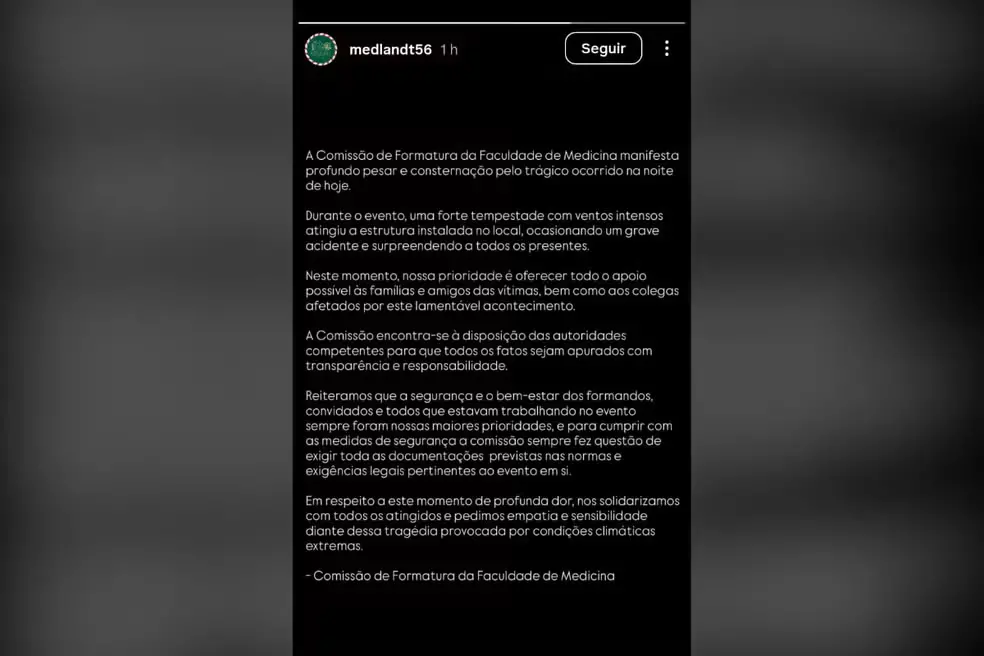 nota da faculdade de medicina organizadora da festa com o morto.