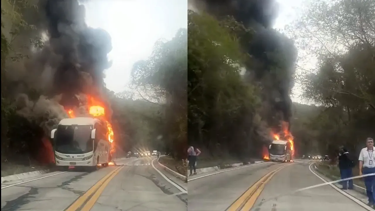 Fogo em veículo gerou uma grande coluna de fumaça em via pública