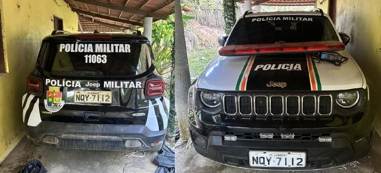 As imagens mostram uma viatura fake da Polícia Militar do Ceará, adesivada como a verdadeira. O carro foi apreendido pela Corporação em um sítio em Mulungu, no Interior do Ceará.