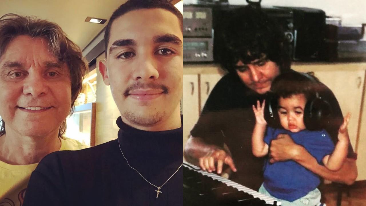 Montagem de duas fotos de Lô Borges ao lado do filho na infância e outra na adolescência.