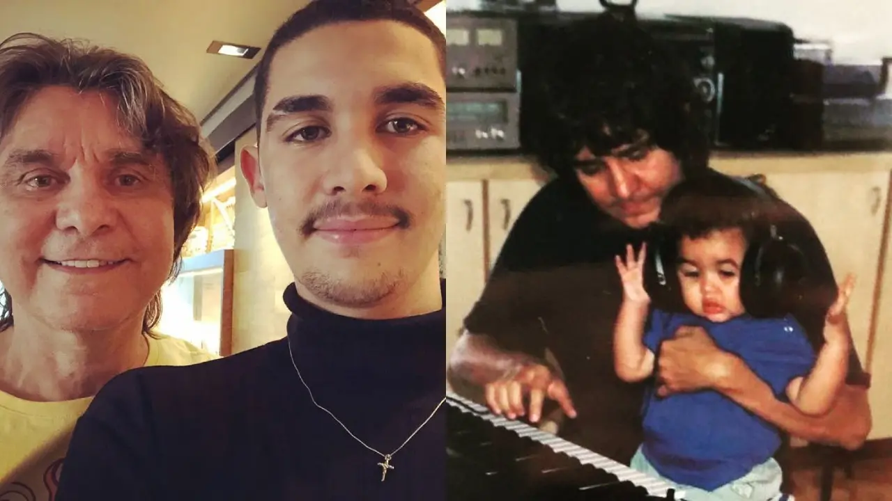 Montagem de duas fotos de Lô Borges ao lado do filho na infância e outra na adolescência.