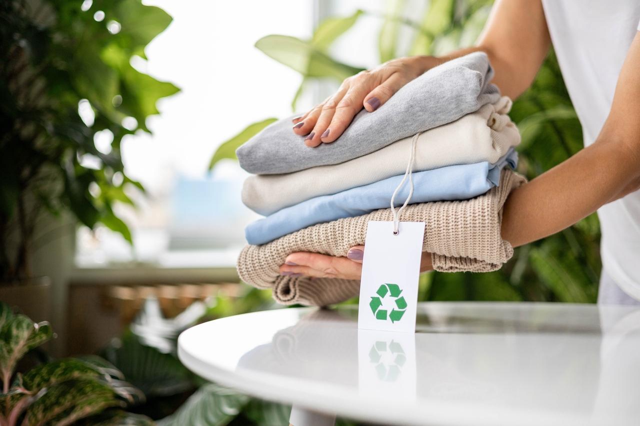 Mãos seguram uma pilha de roupas de malha dobradas e limpas, com uma etiqueta em destaque que exibe o símbolo verde de reciclagem. O contexto sugere sustentabilidade e cuidados com a roupa.