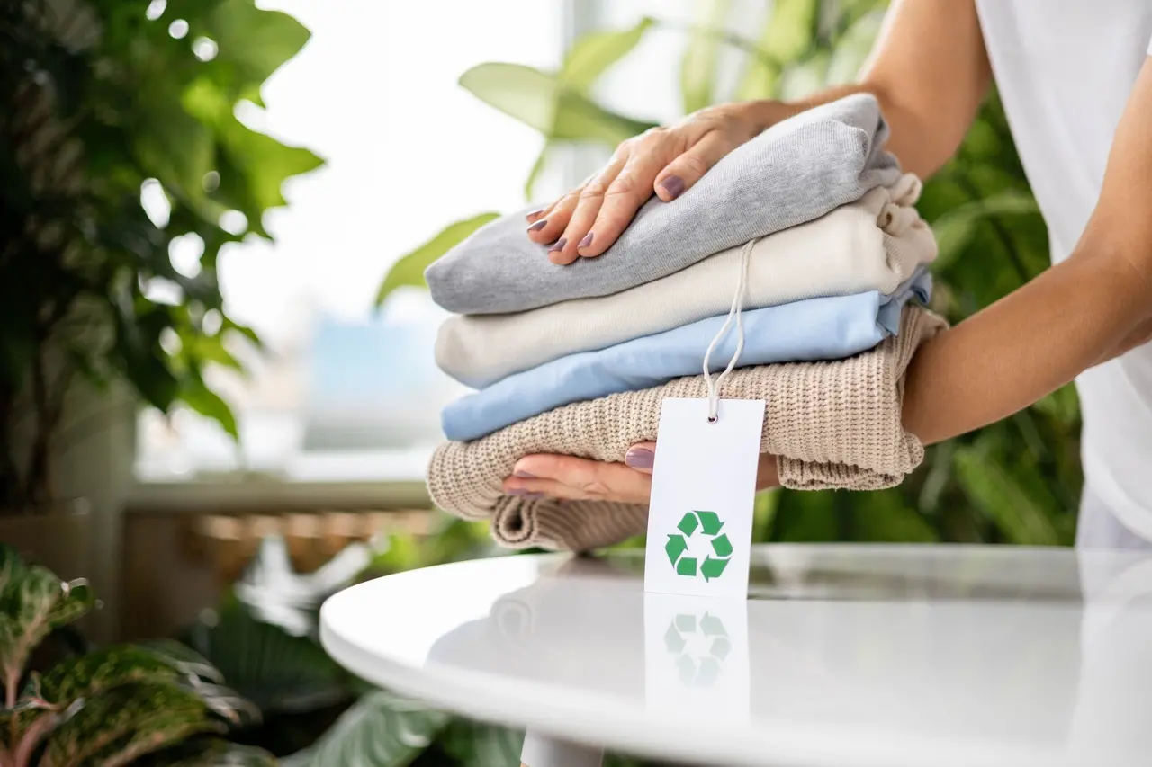 Mãos seguram uma pilha de roupas de malha dobradas e limpas, com uma etiqueta em destaque que exibe o símbolo verde de reciclagem. O contexto sugere sustentabilidade e cuidados com a roupa.
