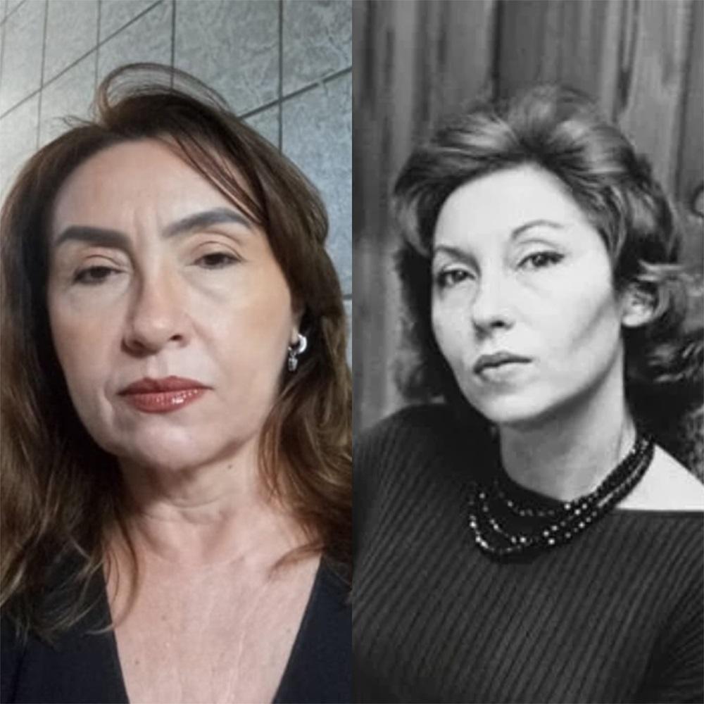 Na imagem, há uma montagem de duas fotos: à esquerda, uma mulher de meia-idade, cabelos castanhos ondulados e batom escuro, que se assemelha muito à escritora brasileira Clarice Lispector; à direita, um retrato em preto e branco de Clarice Lispector, que tem cabelos ondulados escuros, veste uma blusa escura e usa um colar grosso de miçangas escuras.