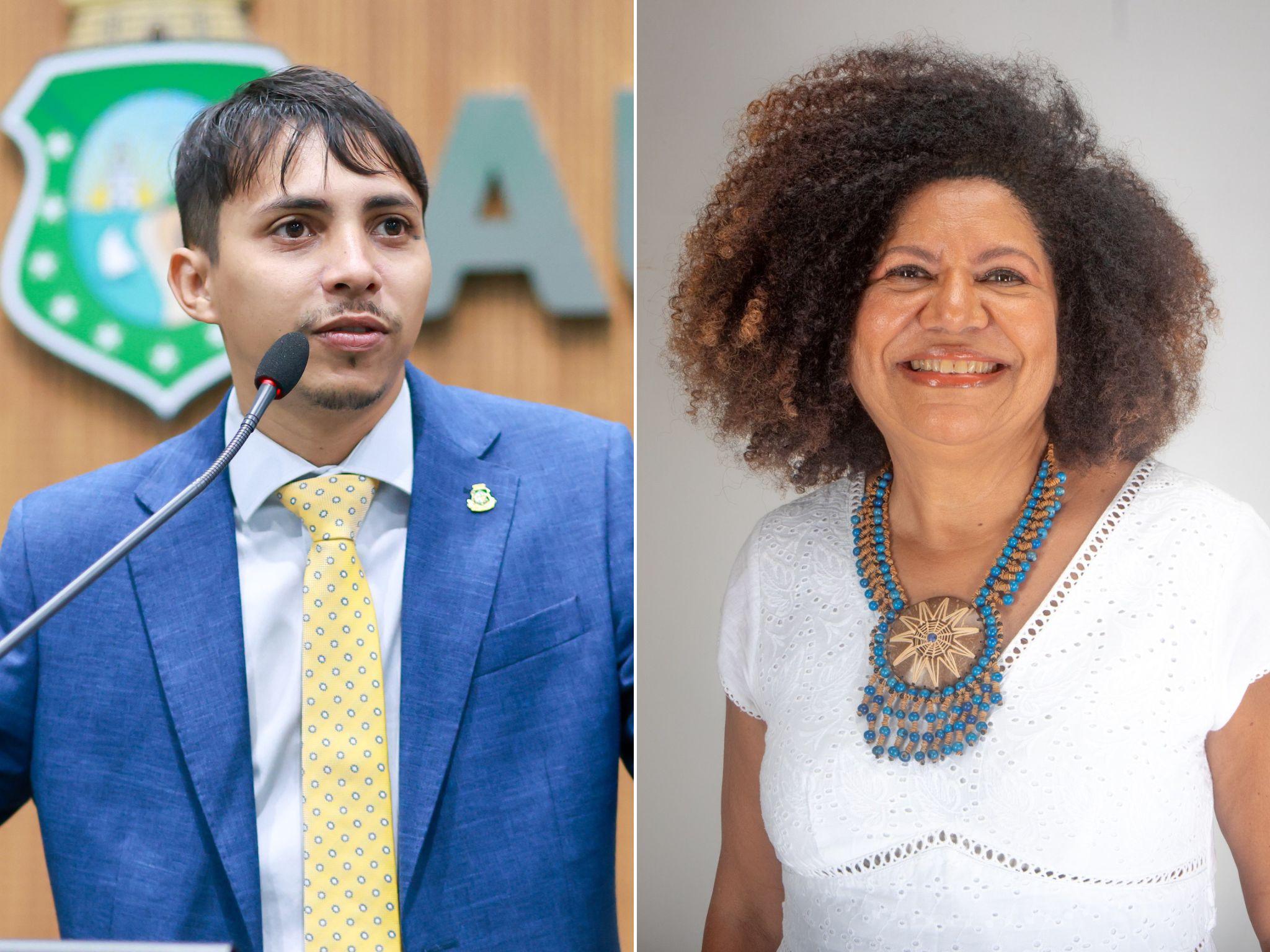 Fotos mostram Léo Suricate discursando na Alece e Professora Zuleide, suplentes do Psol na Assembleia Legislativa do Ceará.