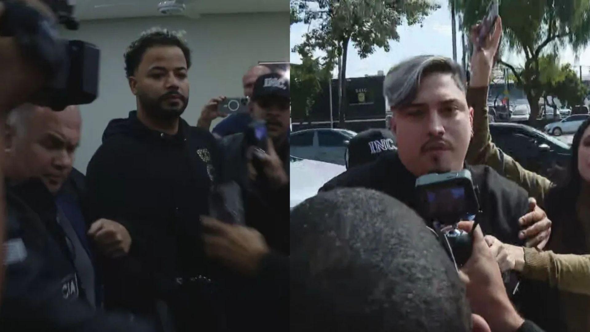 Colagem que mostra o influenciador Hytalo Santos e o marido sendo levados até a delegacia. Imagem usada em matéria sobre a primeira audiência de custódia do casal.