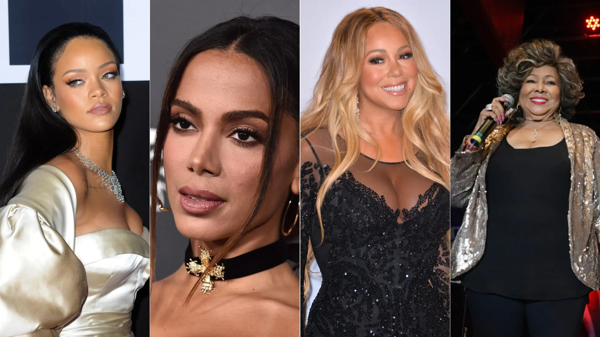 montagem de fotos das cantoras Rihanna, Anitta, Mariah e Alcione.