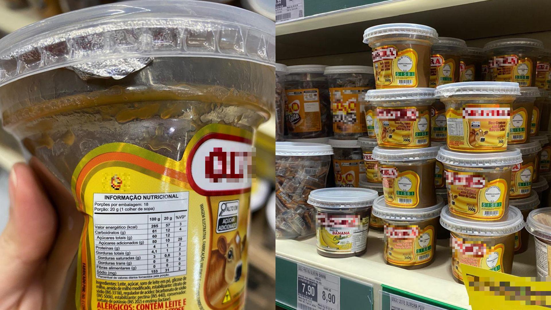 Imagem mostra montagem com duas fotos tiradas em um supermercado, sendo uma em plano mais fechado, com foco na lista de ingredientes de um produto vendido na prateleira de doces de leite, e a segunda foto em plano mais aberto, mostrando alguns potes de doce empilhados em uma prateleira.