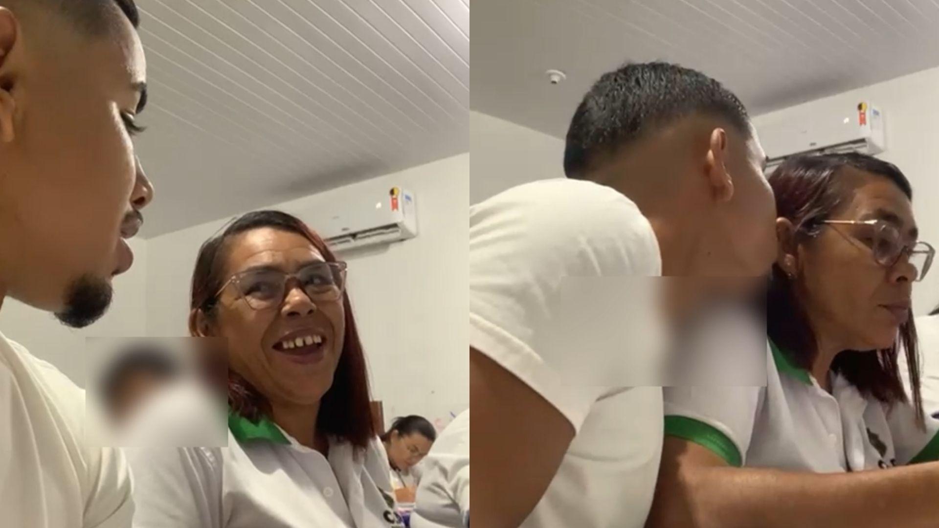 Foto de Diego e Dilma, mãe e filho que estudam juntos na mesma sala do EJA e viralizaram ao compartilhar a história nas redes sociais