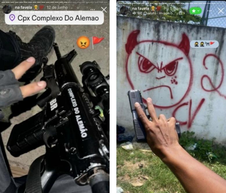 As imagens mostram stories de um criminoso cearense escondido no Rio de Janeiro, com armas de fogo e pichação da facção Comando Vermelho.