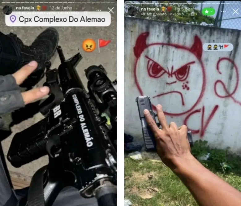 As imagens mostram stories de um criminoso cearense escondido no Rio de Janeiro, com armas de fogo e pichação da facção Comando Vermelho.