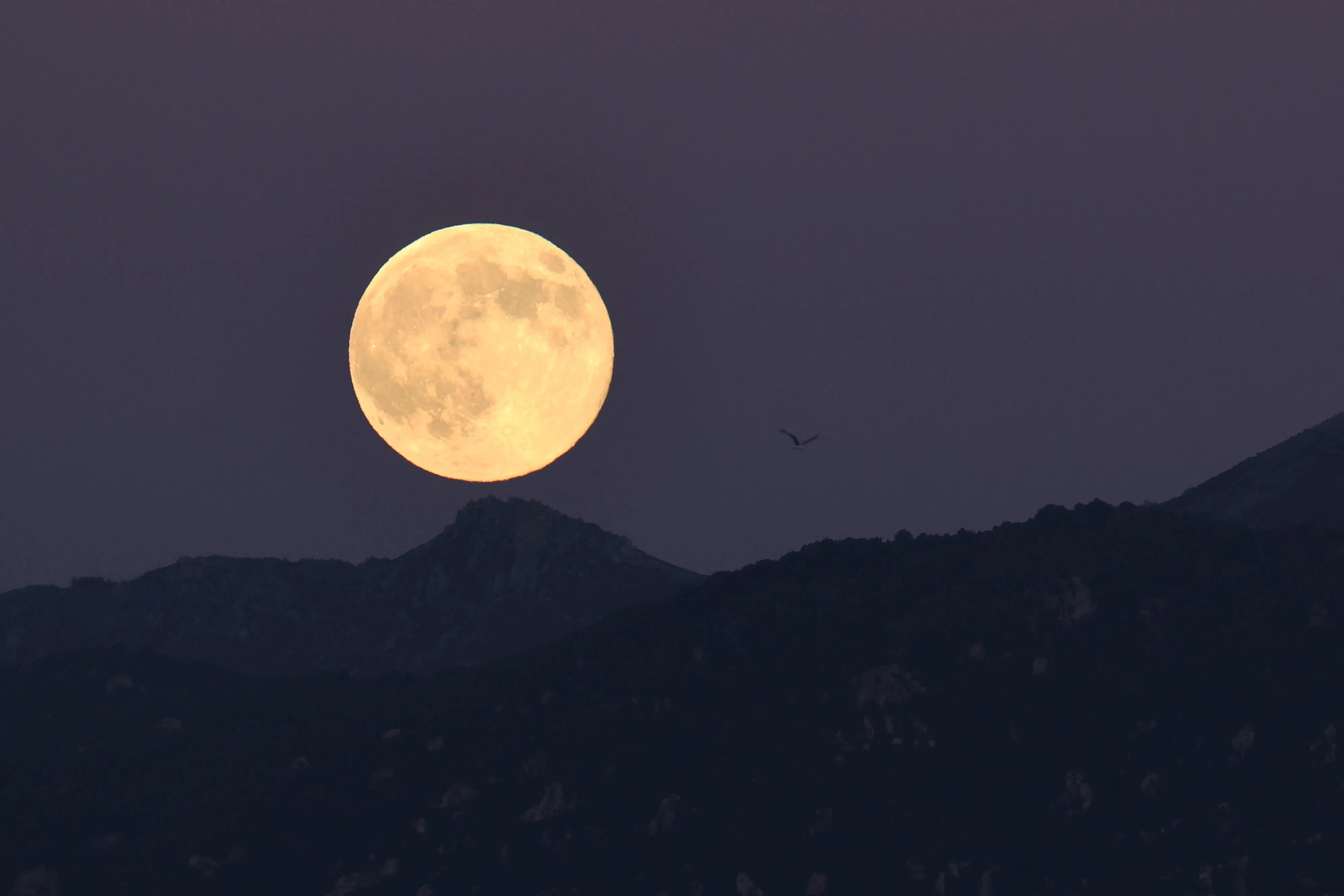Superlua nascendo sobre as montanhas da Córsega, perto de Ajaccio, na ilha francesa da Córsega, no Mediterrâneo.