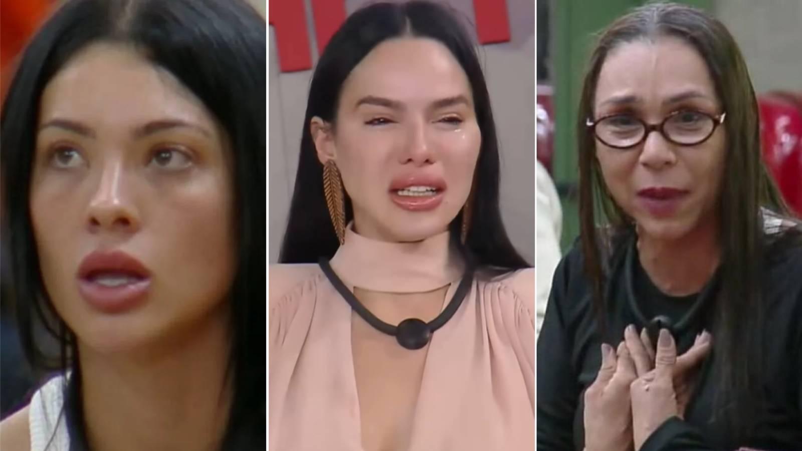 Colagem mostra mosaico com imagens de Rayane Figliuzzi, Tàmires Assîs e Yoná Sousa, participantes de A Fazenda que disputam o voto do público na sétima roça do reality show.