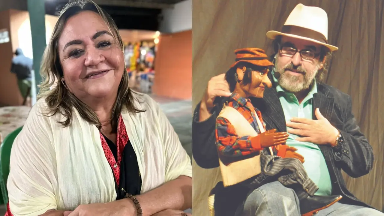 Montagem com fotos de duas pessoas. À esquerda, a foto da bailarina e coreógrafa Janne Ruth, mulher de cabelos castanhos claros e sorrindo, vestindo uma blusa bege clara. À direita, a foto do humorista e mestre bonequeiro Augusto Bonequeiro, com chapéu de aba, óculos, barba e paletó, com um de seus bonecos de ventríloquo.