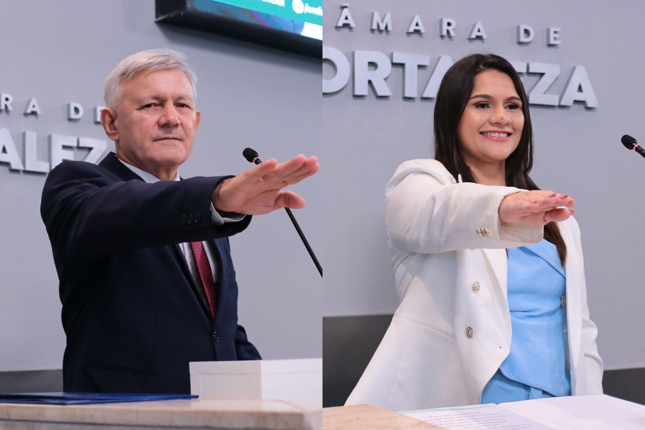 Fotomontagem mostra Dummar Ribeiro e Dayane Costa durante cerimônia de posse na Câmara Municipal de Fortaleza.