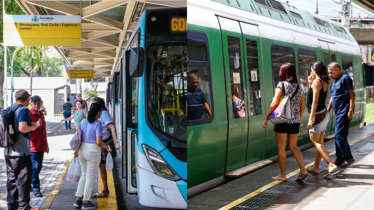Duas cenas lado a lado: À esquerda, pessoas embarcando em um ônibus moderno, de cor azul e branca, em uma parada de ônibus em Fortaleza, com a placa de destino Messejana / Frei Cirilo / Expresso / Centro visível. À direita, pessoas embarcando ou desembarcando de um veículo verde de VLT (Veículo Leve sobre Trilhos) ou Metrô, que está parado na plataforma. A imagem ilustra o transporte público (ônibus e trilhos) em contexto urbano.