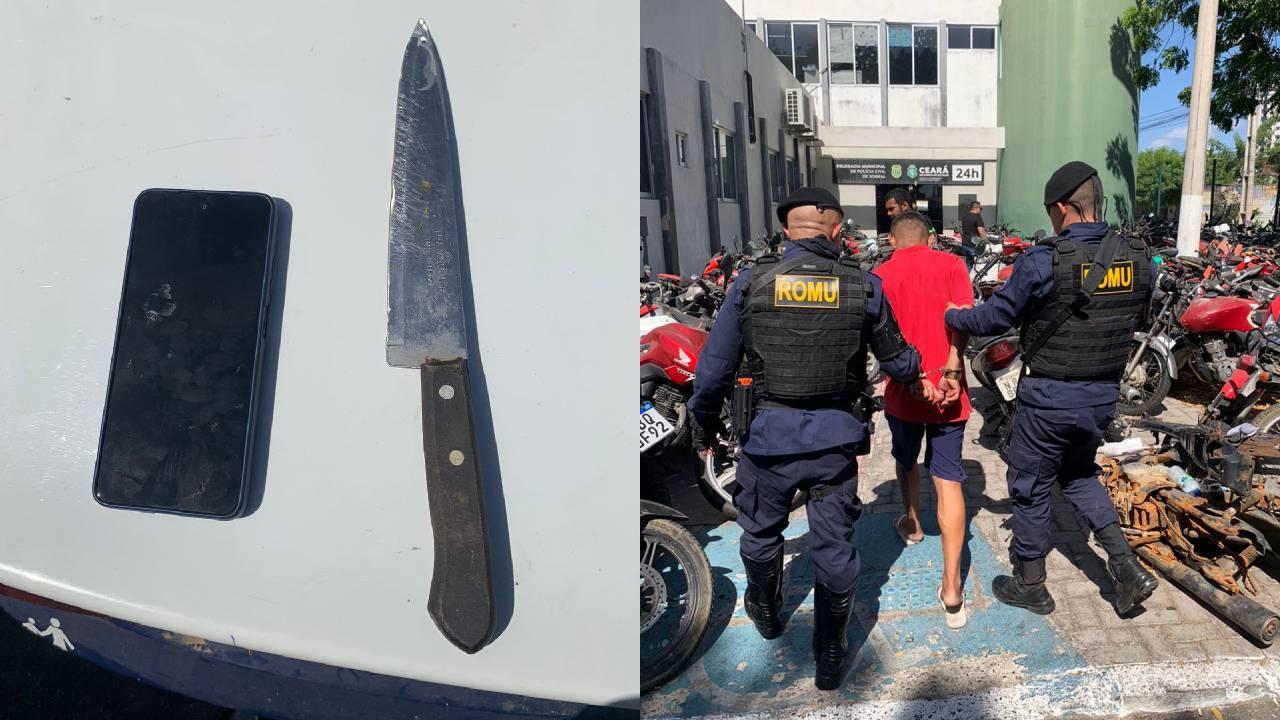 Uma montagem, do lado esquerdo, a arma e o celular aprendidos no momento da abordagem. Do lado direito o suspeito está sendo conduzido até a Delegacia.