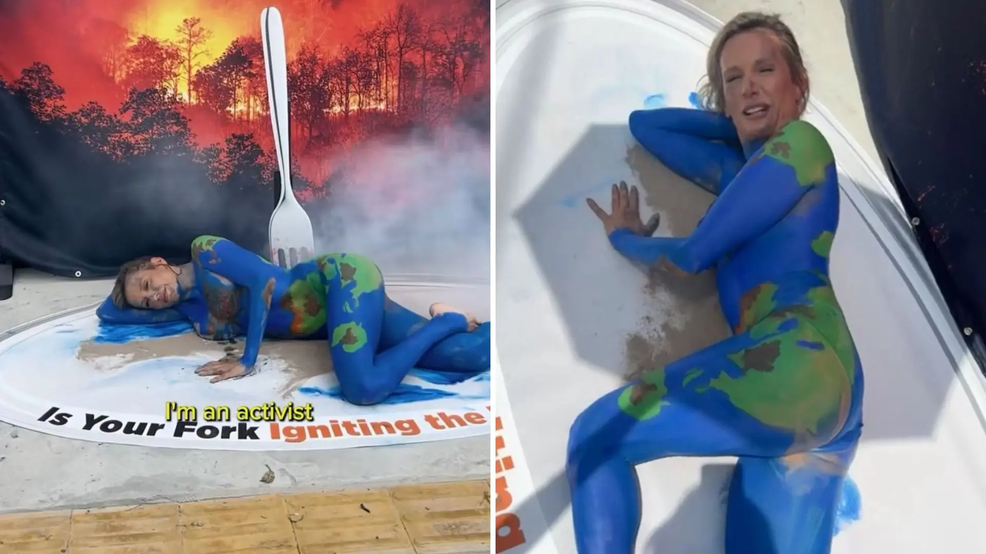 montagem de fotos da ativista Luisa Mell com corpo inteiro pintado em protesto na COP30.