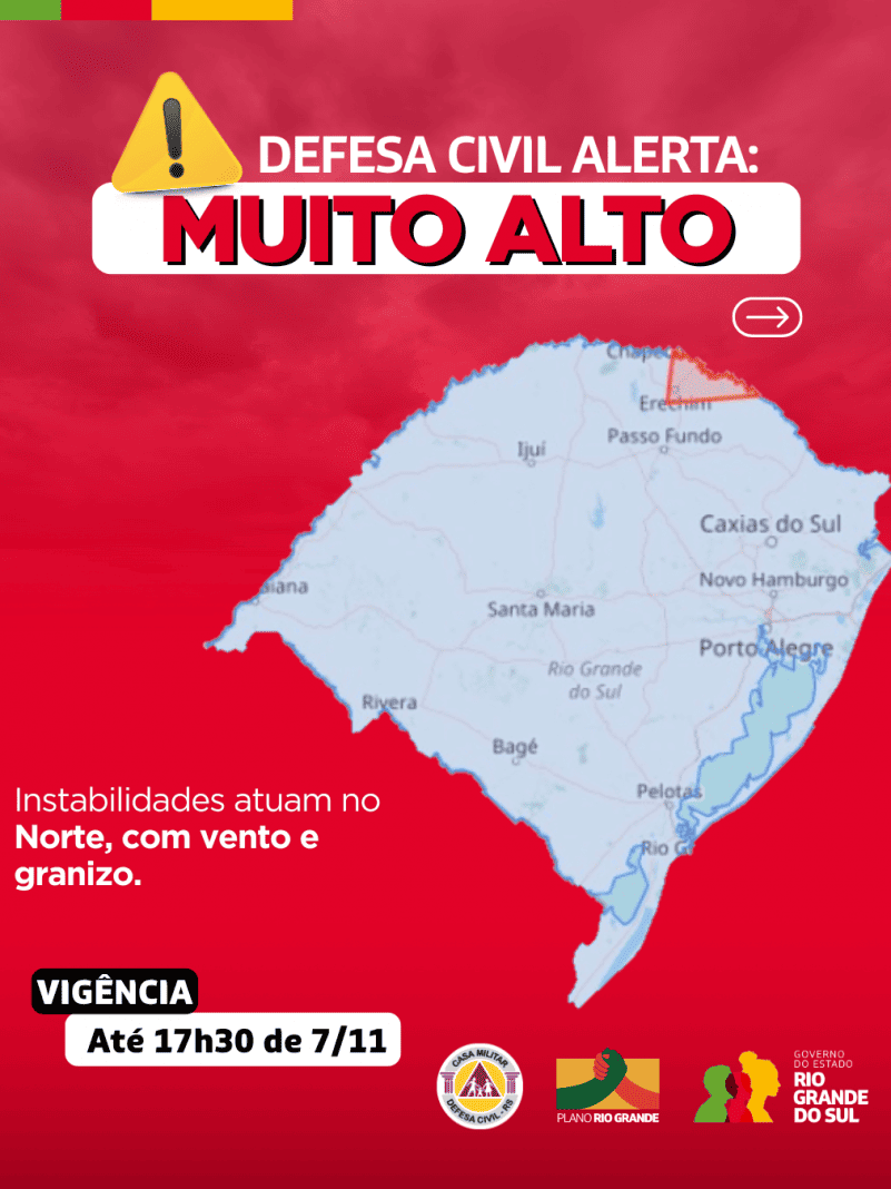 Mapa do Rio Grande do Sul com cidades em alto risco de ser atingido pelo ciclone extratropical que atinge o país.