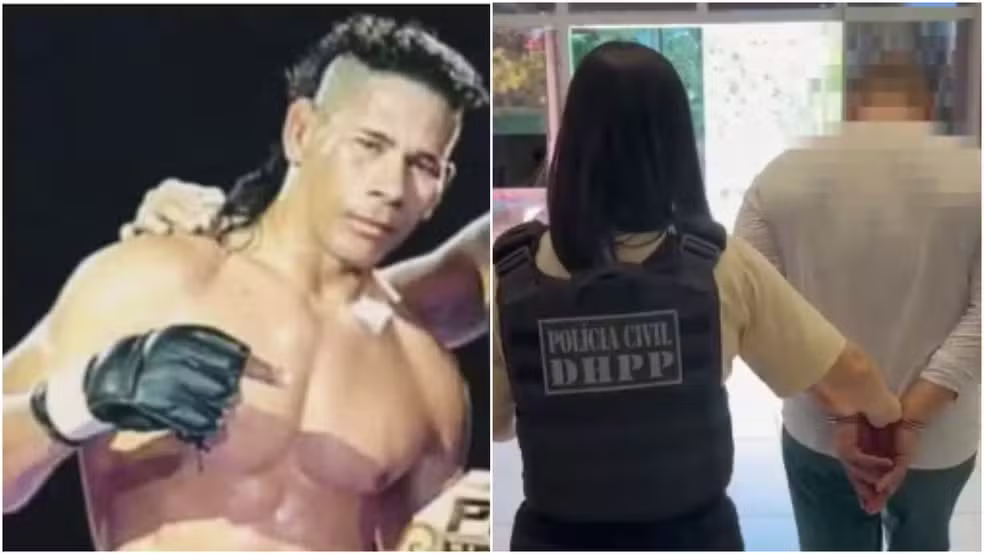 Colagem mostrando o rosto de Edilson em uma foto pós-luta. Na outra, uma agente rede ele já preso. Imagem usada para matéria sobre lutador voltar a ser preso por estuprar mulher.