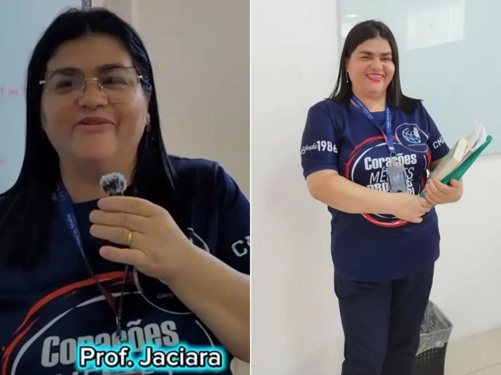 Montagem com duas imagens da professora Jaciara, que acertou tema da redação do Enem 2025, segurando um microfone e outra segurando livros.