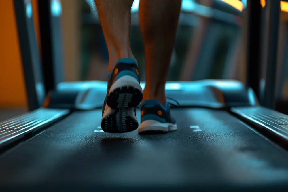 Pés caminham em esteira.