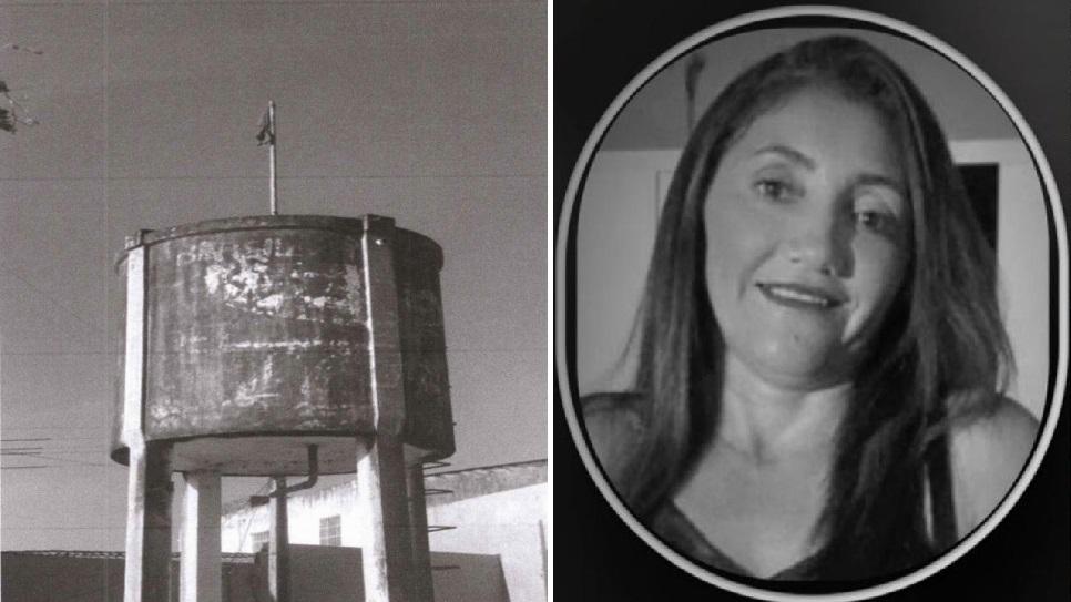 A montagem mostra uma bandeira hasteada em cima de uma caixa d'água e a foto de uma mulher, que foi morta por uma facção no Ceará.