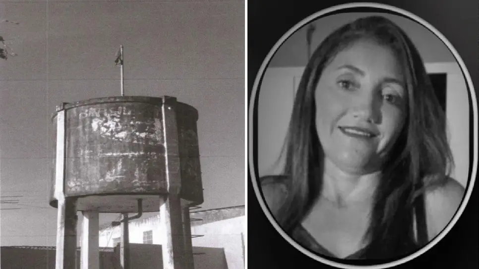 A montagem mostra uma bandeira hasteada em cima de uma caixa d'água e a foto de uma mulher, que foi morta por uma facção no Ceará.