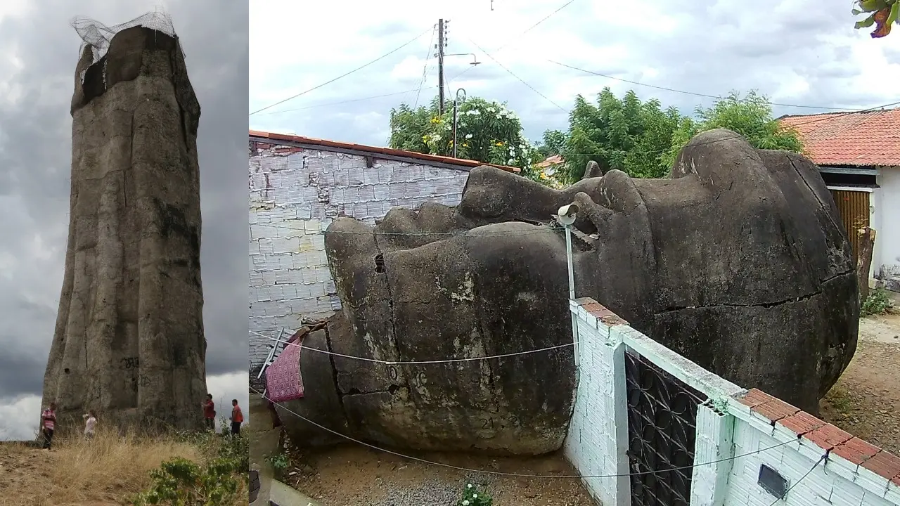 Montagem de imagem mostra, à esquerda, corpo da estátua de Santo Antônio sem a cabeça. À direita, a cabeça gigante na porta de uma casa.