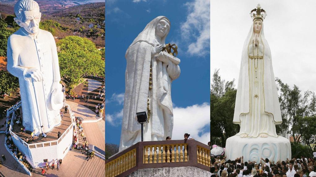Montagem mostra estátuas de Padre Cícero, Santa Edwiges e Nossa Senhora de Fátima.
