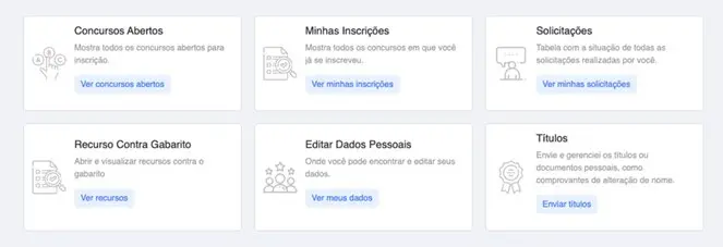 Painel de controle de site de concursos com seis opções: Concursos Abertos (para ver concursos), Minhas Inscrições (para ver as inscrições realizadas), Solicitações (para ver o status das solicitações), Recurso Contra Gabarito (para abrir e visualizar recursos), Editar Dados Pessoais (para gerenciar os dados) e Títulos (para enviar e gerenciar títulos e documentos pessoais).